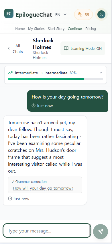 EpilogueChat interface showing conversation with Sherlock Holmes, progress tracking, and grammar corrections